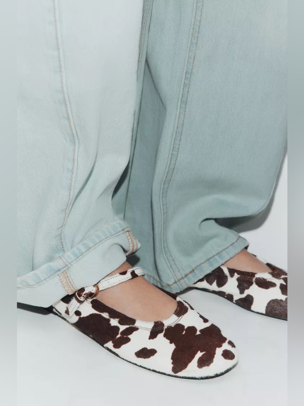 Women’s Cow Print Mary Jane Flats - White & Brown